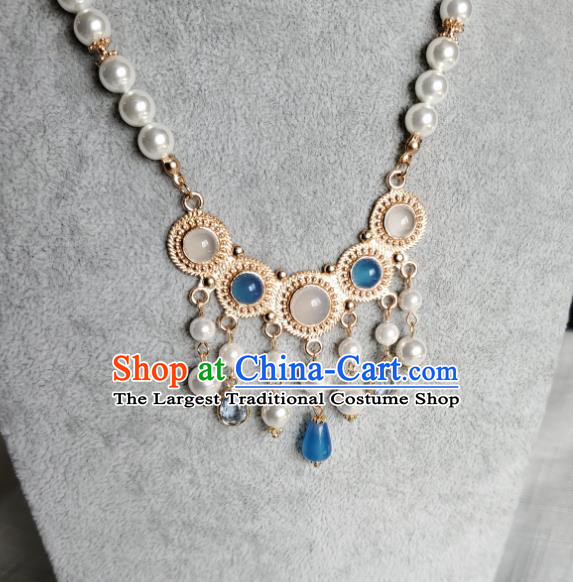 Chinese Handmade Chalcedony Necklet Classical Jewelry Accessories Ancient Princess Hanfu Gems Pearls Tassel Necklace for Women