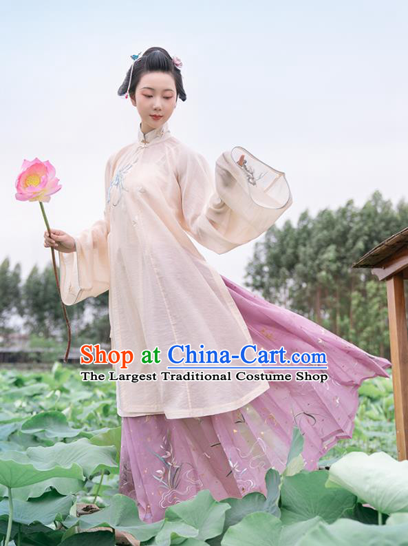 Chinese Ancient Ming Dynasty Patrician Lady Historical Costumes Traditional Hanfu Dress Embroidered Orchids Gown and Skirt Full Set