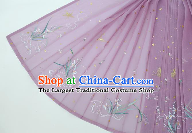 Chinese Ancient Ming Dynasty Patrician Lady Historical Costumes Traditional Hanfu Dress Embroidered Orchids Gown and Skirt Full Set