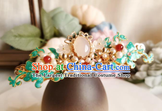 Chinese Ancient Princess Agate Pearls Hair Crown Hair Accessories Handmade Ming Dynasty Hanfu Blueing Jasminum Hairpins