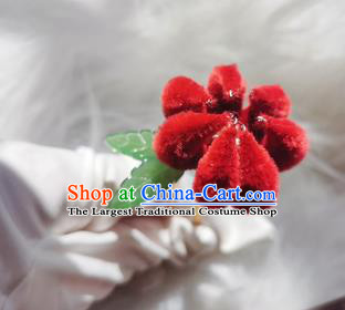 Chinese Ancient Qing Dynasty Red Velvet Chrysanthemum Hair Stick Handmade Hair Accessories Hanfu Princess Hairpins