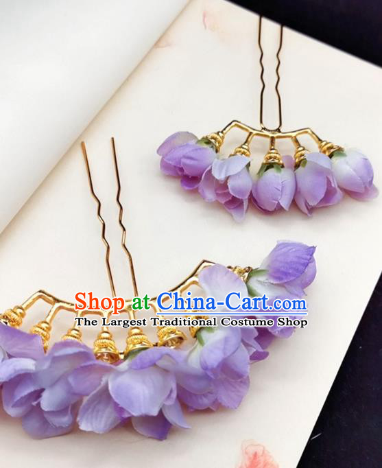 Chinese Ming Dynasty Princess Purple Silk Flowers Hair Stick Handmade Hair Accessories Hanfu Ancient Palace Lady Hairpins