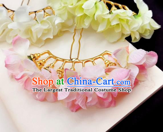 Chinese Ming Dynasty Princess Pink Silk Flowers Hair Stick Handmade Hair Accessories Hanfu Ancient Palace Lady Hairpins