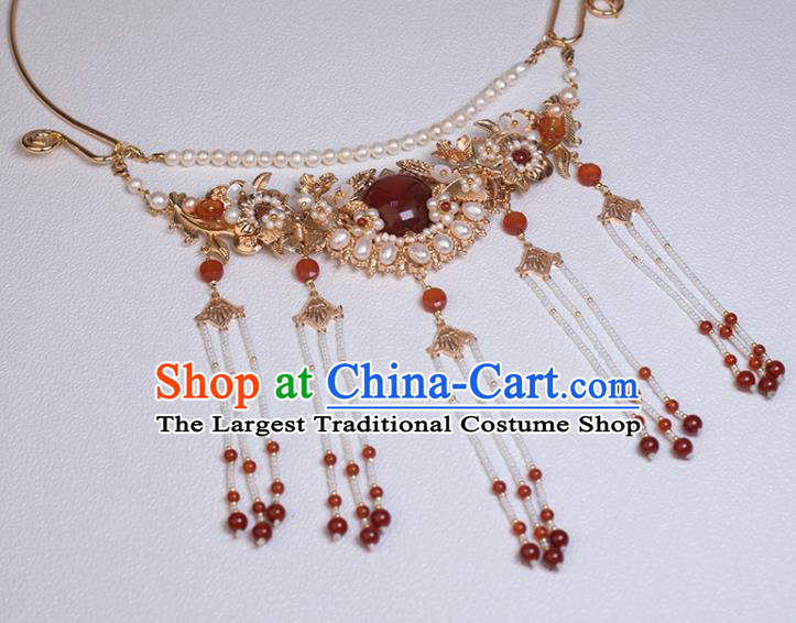 Chinese Handmade Agate Necklet Classical Jewelry Accessories Ancient Ming Dynasty Princess Hanfu Pearls Tassel Necklace for Women