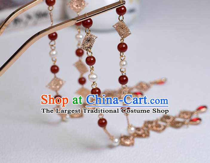 Chinese Classical Court Agate Beads Tassel Hair Stick Handmade Hanfu Hair Accessories Ancient Ming Dynasty Empress Golden Hairpins