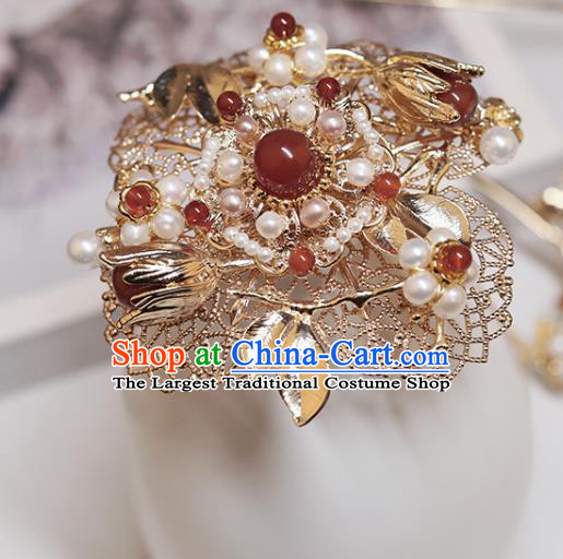 Chinese Classical Court Pearls Agate Hair Crown Handmade Hanfu Hair Accessories Ancient Ming Dynasty Princess Golden Hairpins