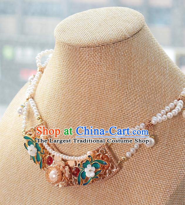 Chinese Handmade Pearls Necklet Classical Jewelry Accessories Ancient Ming Dynasty Princess Hanfu Blueing Necklace for Women