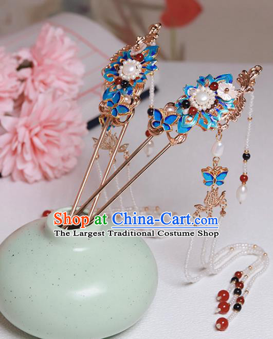 Chinese Classical Court Blueing Lotus Hair Stick Handmade Hanfu Hair Accessories Ancient Ming Dynasty Empress Pearls Tassel Hairpins