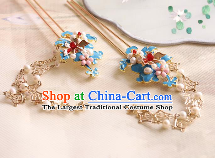 Chinese Classical Court Queen Blueing Pearls Hair Stick Handmade Hanfu Hair Accessories Ancient Ming Dynasty Empress Tassel Hairpins