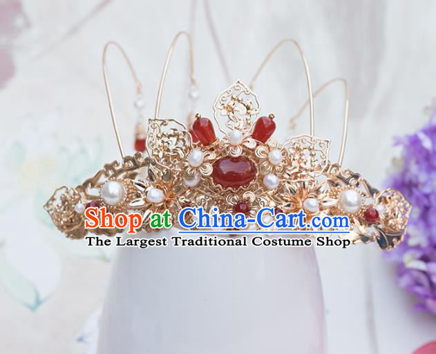 Chinese Classical Palace Golden Tassel Hair Crown Handmade Hanfu Hair Accessories Ancient Ming Dynasty Empress Agate Pearls Hairpins