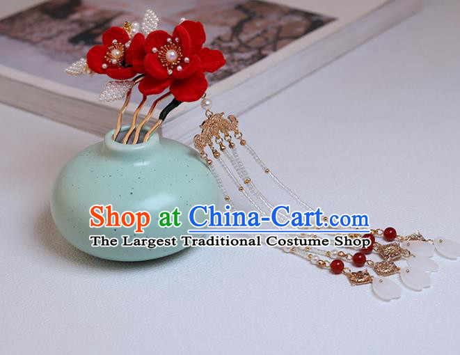 Chinese Classical Court Red Camellia Hair Comb Handmade Hanfu Hair Accessories Ancient Ming Dynasty Princess Beads Tassel Hairpins