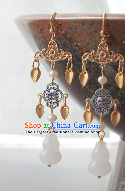 Chinese Handmade Jade Calabash Earrings Classical Jewelry Accessories Hanfu Ming Dynasty Princess Golden Leaf Tassel Eardrop