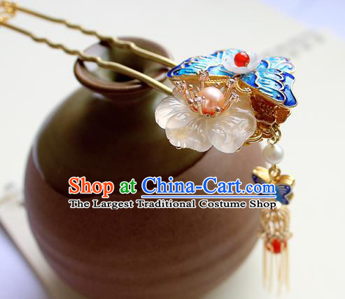 Chinese Classical Blueing Butterfly Tassel Hair Stick Handmade Hanfu Hair Accessories Ancient Ming Dynasty Empress Jade Pearls Hairpins