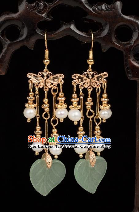 Chinese Handmade Green Jade Leaf Earrings Classical Jewelry Accessories Hanfu Ming Dynasty Princess Golden Tassel Eardrop