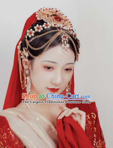 Chinese Classical Hair Crown Handmade Hanfu Hair Accessories Ancient Tang Dynasty Palace Princess Pearls Hairpins Full Set