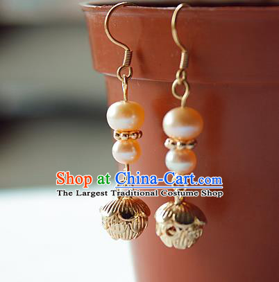 Chinese Handmade Pearls Earrings Classical Jewelry Accessories Hanfu Ming Dynasty Princess Golden Lotus Eardrop