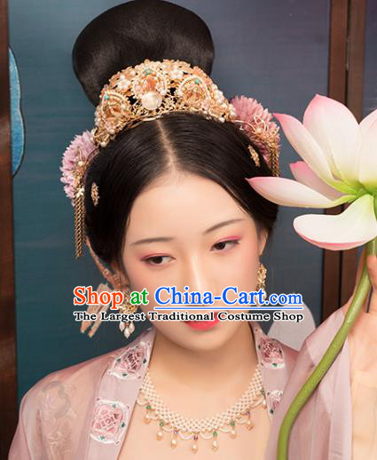 Chinese Classical Golden Lotus Hair Crown Handmade Hanfu Hair Accessories Ancient Song Dynasty Empress Hairpins Pearls Hair Comb