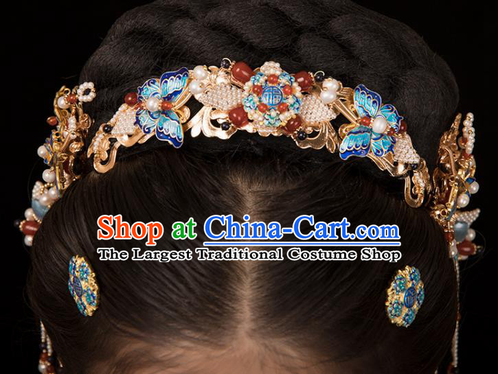 Chinese Classical Agate Pearls Hair Crown Handmade Hanfu Hair Accessories Ancient Ming Dynasty Princess Hairpins Blueing Butterfly Hair Comb
