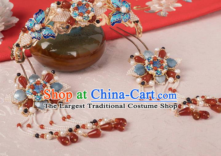 Chinese Classical Pearls Tassel Hair Stick Handmade Hanfu Hair Accessories Ancient Ming Dynasty Princess Blueing Agate Hairpins