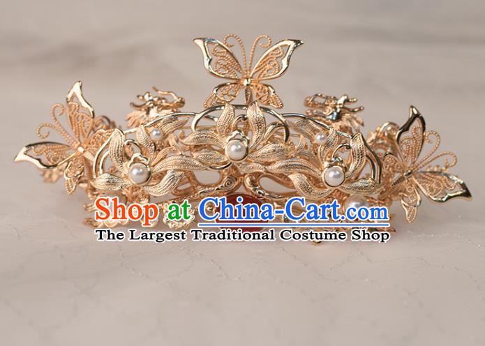 Chinese Classical Golden Lotus Hair Comb Handmade Hanfu Hair Accessories Ancient Ming Dynasty Queen Hairpins Agate Hair Crown