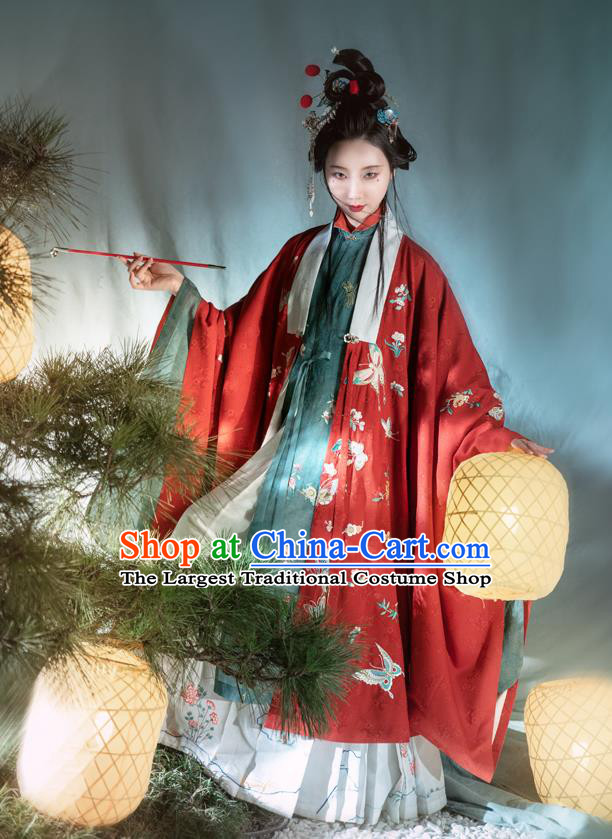 Chinese Ancient Court Women Hanfu Apparels Traditional Ming Dynasty Imperial Concubine Embroidered Red Cape Gown and Skirt Historical Costumes Full Set