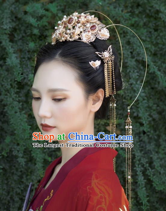 Chinese Classical Palace Agate Phoenix Coronet Handmade Hanfu Hair Accessories Ancient Ming Dynasty Empress Hairpins Golden Tassel Hair Crown