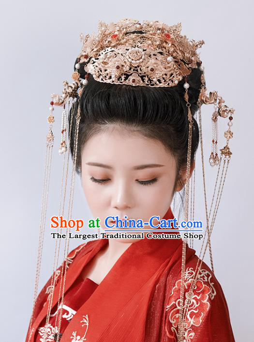 Chinese Classical Palace Pearls Hair Crown Handmade Hanfu Hair Accessories Ancient Ming Dynasty Empress Golden Phoenix Coronet Hairpins