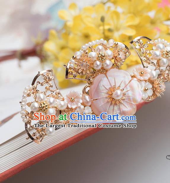 Chinese Classical Palace Shell Plum Hair Crown Handmade Hanfu Hair Accessories Ancient Ming Dynasty Empress Pearls Hairpins