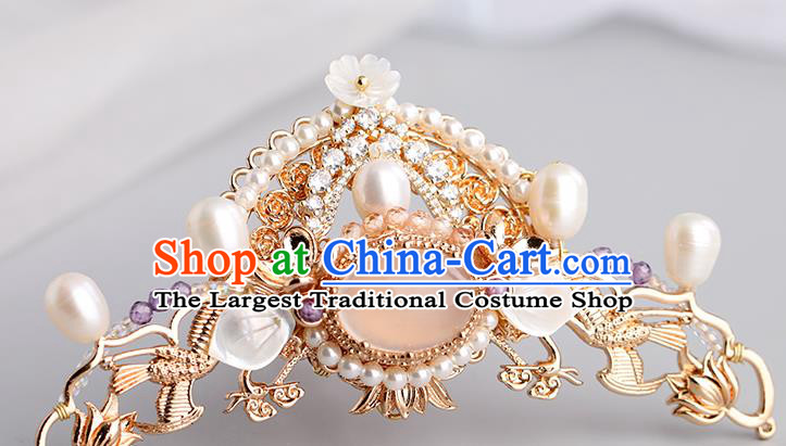 Chinese Classical Palace Crystal Hair Crown Handmade Hanfu Hair Accessories Ancient Ming Dynasty Princess Shell Pearls Hairpins