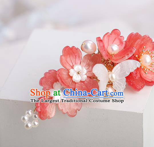 Chinese Classical Palace Red Crystal Tassel Hair Stick Handmade Hanfu Hair Accessories Ancient Ming Dynasty Princess Shell Butterfly Hairpins