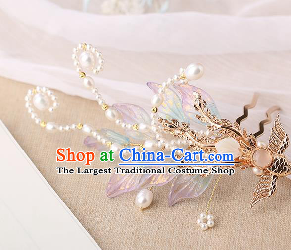 Chinese Classical Palace Lilac Phoenix Hair Sticks Handmade Hanfu Hair Accessories Ancient Ming Dynasty Princess Pearls Hairpins