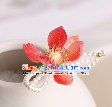 Chinese Classical Palace Red Lotus Hair Sticks Handmade Hanfu Hair Accessories Ancient Song Dynasty Princess Hairpins