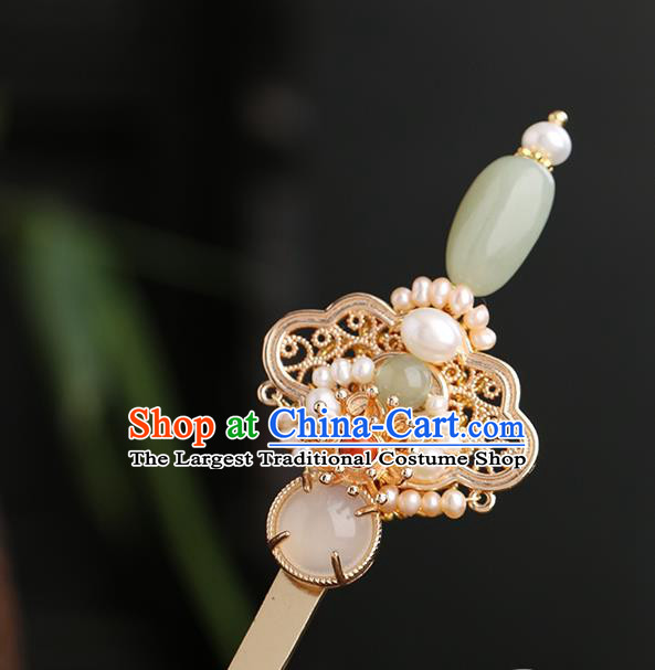 Chinese Classical Palace Jade Pearls Hair Sticks Handmade Hanfu Hair Accessories Ancient Ming Dynasty Princess Golden Hairpins