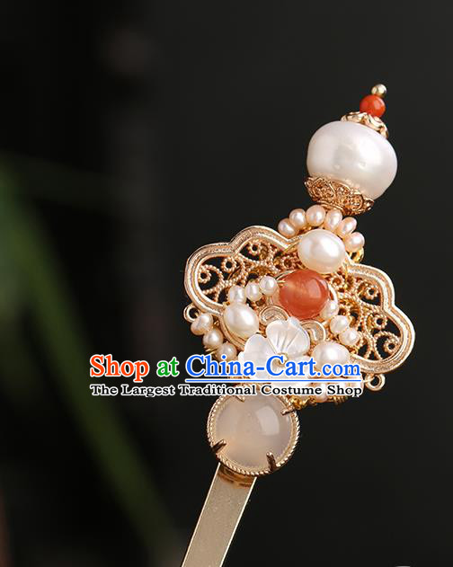 Chinese Classical Palace Pearls Hair Sticks Handmade Hanfu Hair Accessories Ancient Ming Dynasty Princess Golden Hairpins