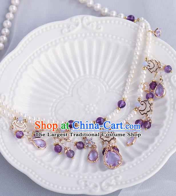Chinese Handmade Purple Crystal Necklet Classical Jewelry Accessories Ancient Ming Dynasty Princess Hanfu Pearls Necklace for Women