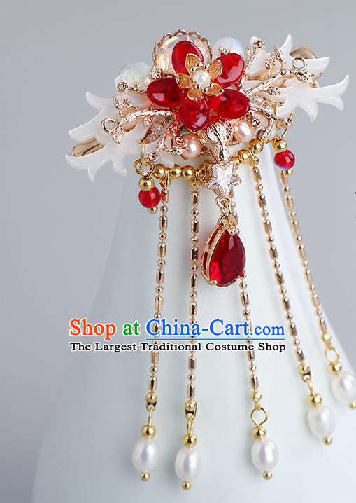 Chinese Classical Palace Red Crystal Tassel Hair Sticks Handmade Hanfu Hair Accessories Ancient Ming Dynasty Princess Shell Hairpins