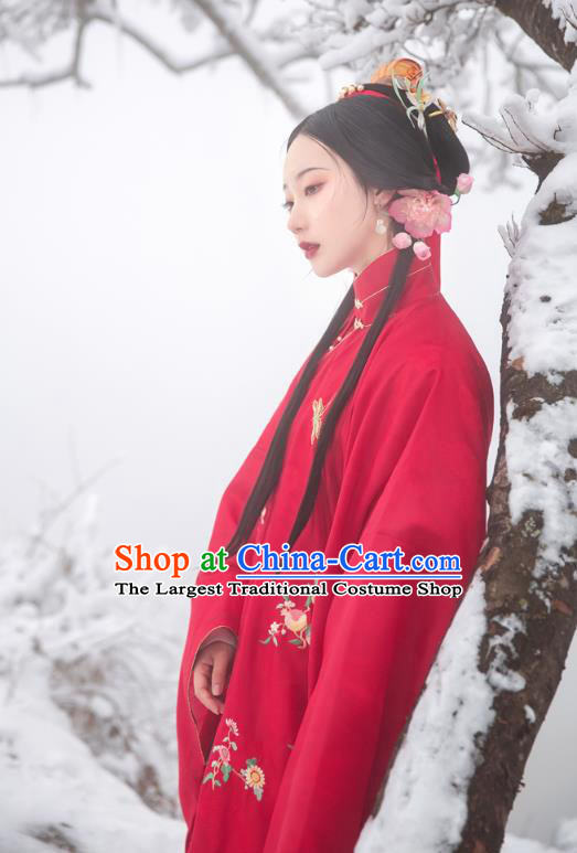 Chinese Ming Dynasty Historical Costumes Traditional Ancient Noble Lady Embroidered Red Gown and Skirt Hanfu Apparels Full Set