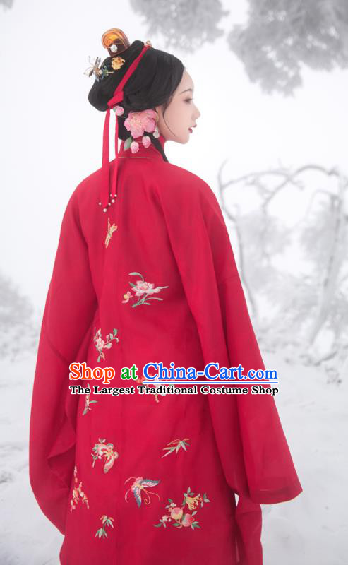 Chinese Ming Dynasty Historical Costumes Traditional Ancient Noble Lady Embroidered Red Gown and Skirt Hanfu Apparels Full Set