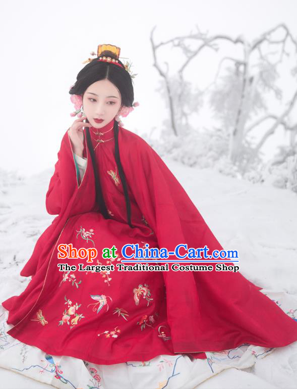 Chinese Ming Dynasty Historical Costumes Traditional Ancient Noble Lady Embroidered Red Gown and Skirt Hanfu Apparels Full Set