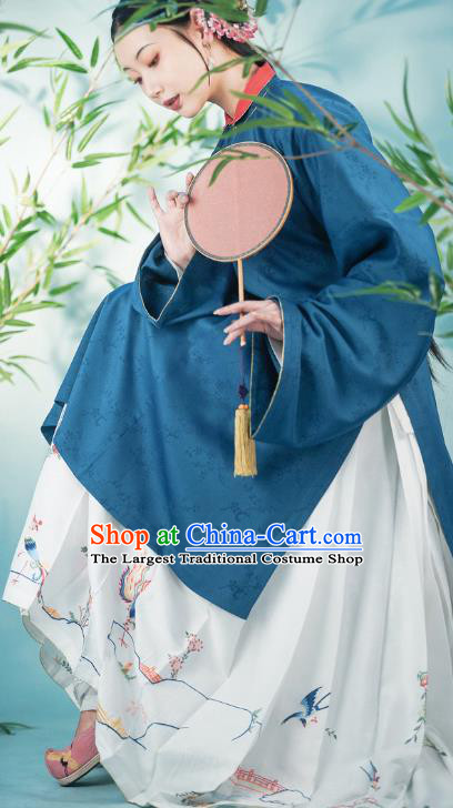 Chinese Ancient Young Female Historical Costumes Traditional Ming Dynasty Noble Countess Hanfu Apparels Blue Gown and Skirt Complete Set