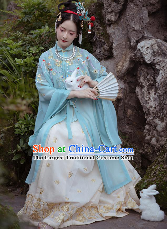 Chinese Ancient Imperial Concubine Historical Costumes Traditional Ming Dynasty Court Women Hanfu Apparels Embroidered Blue Gown and Skirt Full Set