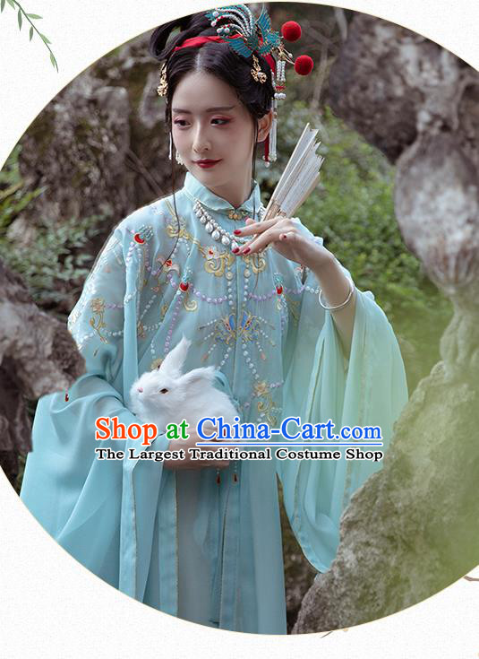 Chinese Ancient Imperial Concubine Historical Costumes Traditional Ming Dynasty Court Women Hanfu Apparels Embroidered Blue Gown and Skirt Full Set