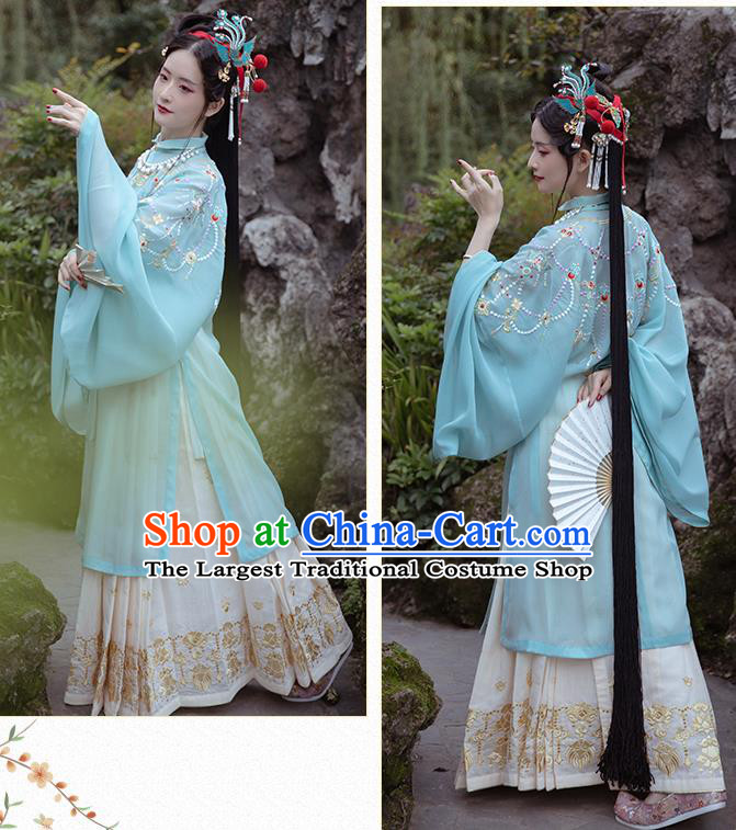 Chinese Ancient Imperial Concubine Historical Costumes Traditional Ming Dynasty Court Women Hanfu Apparels Embroidered Blue Gown and Skirt Full Set