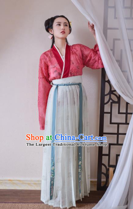 Chinese Ancient Servant Girl Historical Costumes Traditional Song Dynasty Court Maid Red Blouse and Skirt Hanfu Apparels
