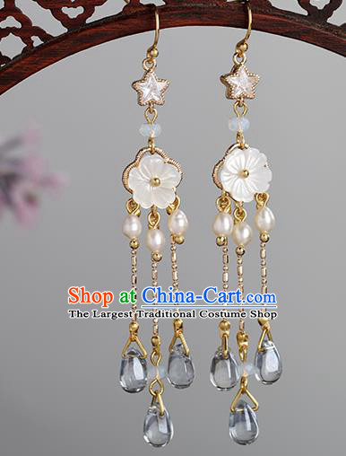 Chinese Handmade Shell Pearls Earrings Classical Ear Accessories Hanfu Ming Dynasty Princess Blue Crystal Eardrop