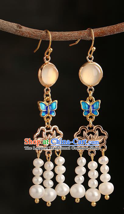 Chinese Handmade Blueing Butterfly Earrings Classical Ear Accessories Hanfu Ming Dynasty Princess Golden Lotus Eardrop