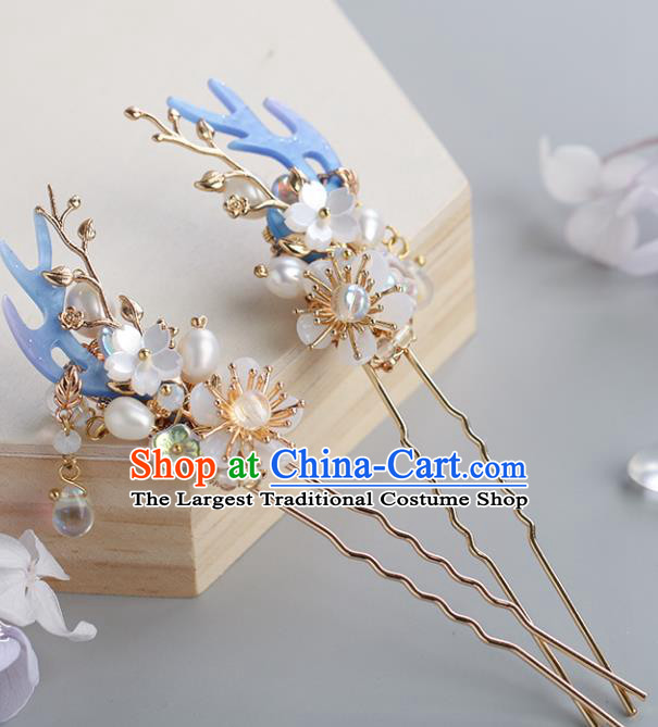 Chinese Classical Palace Pearls Plum Hair Stick Handmade Hanfu Hair Accessories Ancient Ming Dynasty Princess Hairpins