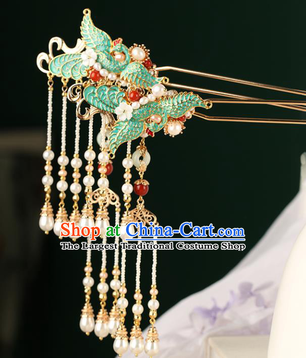 Chinese Classical Palace Blueing Crane Hair Stick Handmade Hanfu Hair Accessories Ancient Ming Dynasty Empress Pearls Tassel Hairpins