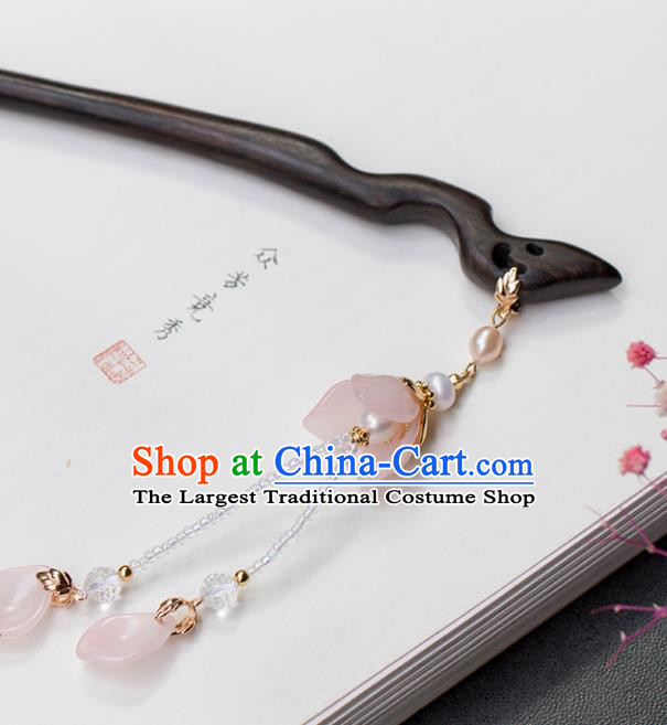 Chinese Classical Palace Pink Flower Tassel Hair Stick Handmade Hanfu Hair Accessories Ancient Ming Dynasty Empress Ebony Hairpins