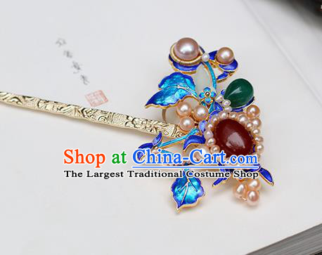 Chinese Classical Palace Jade Pearls Hair Stick Handmade Hanfu Hair Accessories Ancient Ming Dynasty Empress Gems Blueing Hairpins